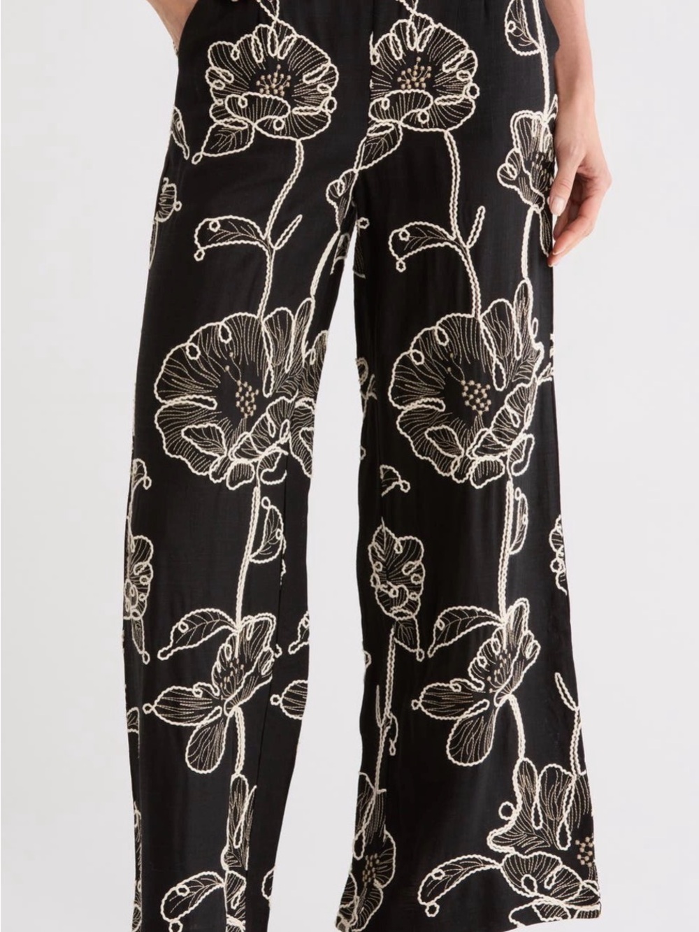 New- Jason Wu Black Wide-Leg Pants with Cream Ivory Floral Embroidery- XL